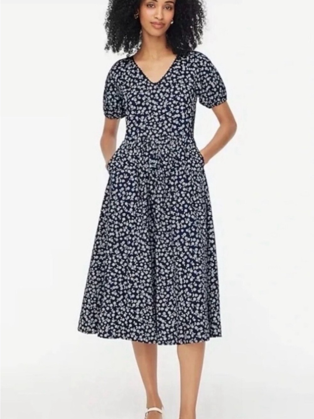 J. Crew Floral Midi Dress Women 6 Navy Blue V- Neck Cotton Cottagecore Coastal